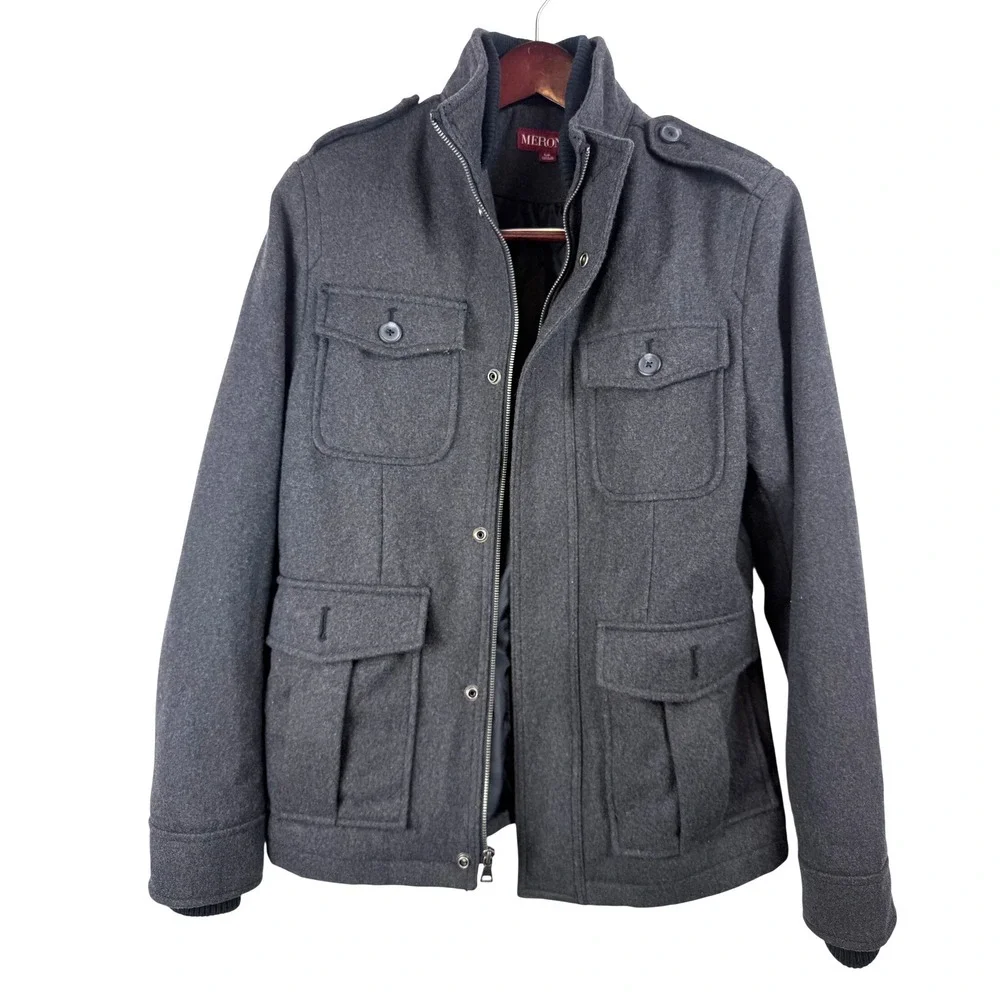 MERONA Men's Wool Blend Military‎ Style Jacket Charcoal Gray Size S P